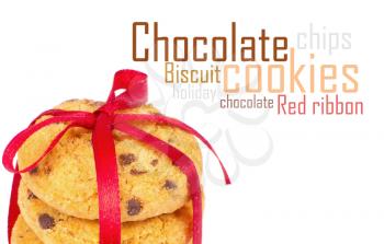 Chocolate chips cookies with red ribbon isolated on white