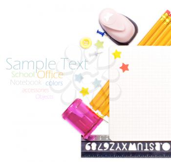 Photo of office and student gear over white background - Back to school concept