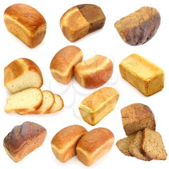 Assortment of different types of bread isolated on white background