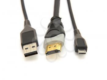 usb plug and large and small hdmi cable  on white background