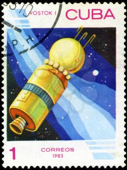 CUBA - CIRCA 1983: A stamp printed in Cuba, shows Vostok 1 space satellite , circa 1983