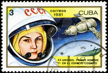 CUBA - CIRCA 1981: a stamp printed in the Cuba shows Valentina Tereshkova, 1st Woman in Space and Vostok 6, 20th Anniversary of 1st Man in Space, circa 1981