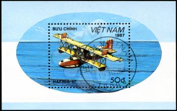 VIETNAM - CIRCA 1987: A stamp printed by VIETNAM shows plane Hafnia, series, circa 1987