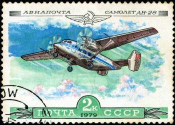 USSR - CIRCA 1979: A Stamp printed in USSR shows the Aeroflot Emblem and aircraft with the inscription Airmail, Aircraft An-28, from the series History of the Soviet aircraft industry, circa 1979