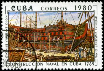 CUBA - CIRCA 1980: A stamp printed by the Cuban Post shows construction  Cuban steamships Trinidad , built in 1869, circa 1980