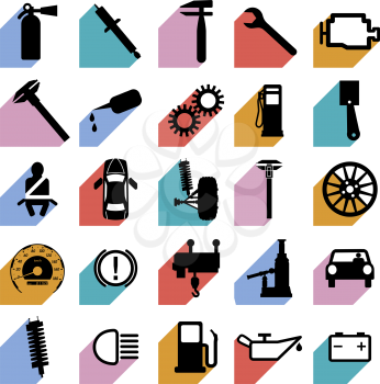 Collection flat icons with long shadow. Car symbols. Vector illustration.