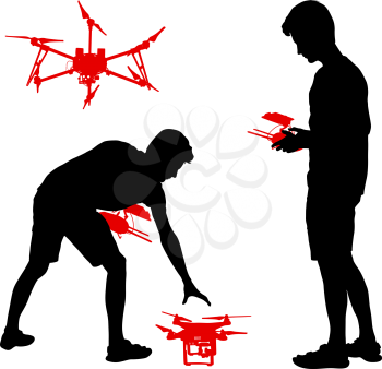 Black silhouette of a man operates unmanned quadcopter vector illustration.