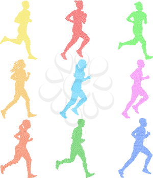 Set of silhouettes. Runners on sprint, men and woman.