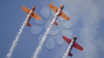 Moscow Russia Zhukovsky Airfield 31 August 2019: performance of aerobatic aircraft Yak-52 the international aerospace salon MAKS-2019.