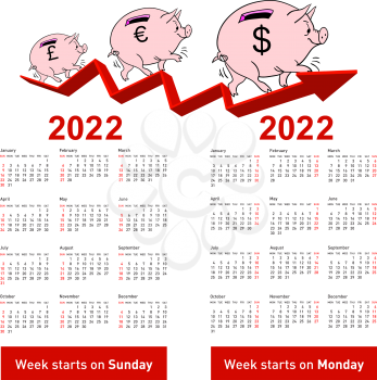 Stylish calendar Pig piggy bank for 2022 Sundays first