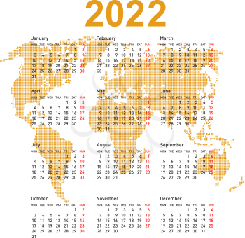 Calendar 2022 with world map. Week starts on Monday.