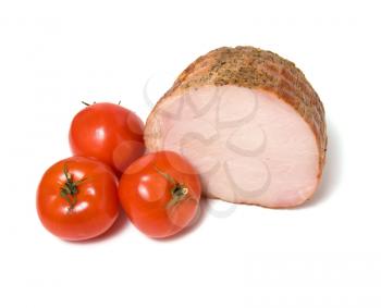 smoked ham and  tomato isolated on white background