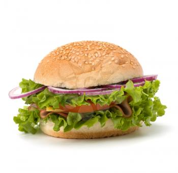 Big appetizing fast food sandwich with lettuce, tomato, smoked ham and cheese isolated on white background. Junk food hamburger.