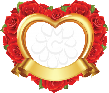 Vector frame in the shape of heart with red roses and golden ribbon. Valentine's day or Wedding greeting card.