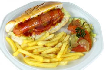 Isolated Hotdog and Fries on White Plate Close Up