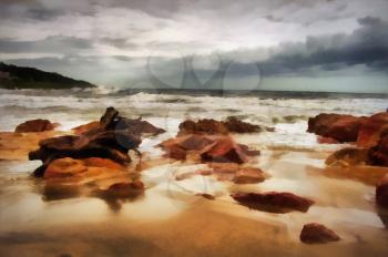 Painting of Heavily Overcastted Beachfront with Large Wood Stump