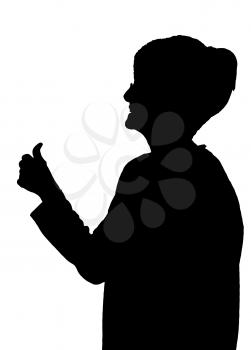 Side profile portrait silhouette of happy elderly lady showing thumbs up  sign