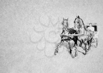 Greyscale Black and White Foldable Card Image of Proud Strong Muscular Horses Pulling Vintage Carraige on  Leather Type Textured Paper with Heading and Large Text Area