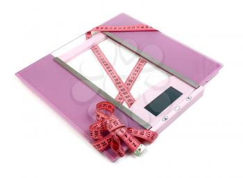 floor scales and measuring ribbon isolated on white background