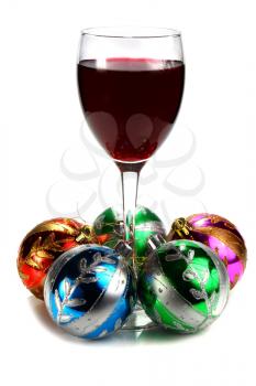 glass of red wine and decoration for ?hristmas isolated on white background