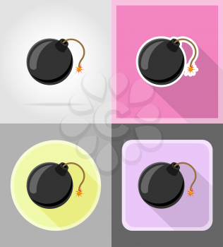 black bomb with burning fuse flat icons vector illustration isolated on background