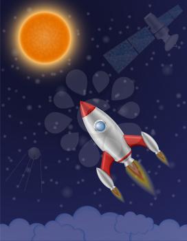 space rocket retro spaceship flying through the starry sky vector illustration