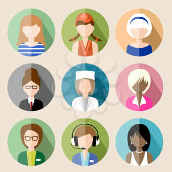 Set of circle flat icons with women. vector illustration