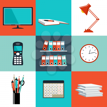 Flat vector set of office things, equipment, objects. Vector