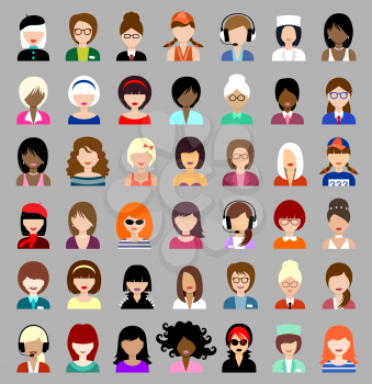 Image of flat round icons with women of different species. Vector illustration