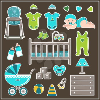 Set of clothes, furniture and items to care for a little boy. Vector illustration