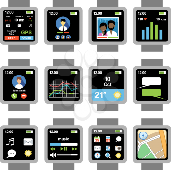 Square smartwatch. Applications on the screen. Vector