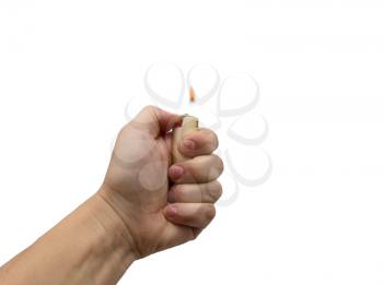  hand with cigarette lighter on a white background