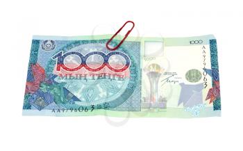 Kazakhstan money. New 1000 Tenge. Close-up. Isolated on a white background. 
