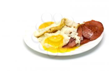 fried sausage with eggs on a white background