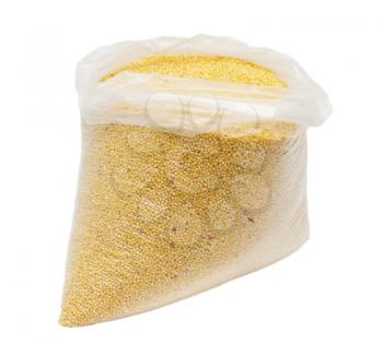 millet in a plastic bag on a white background
