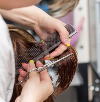 Female hair cutting scissors in a beauty salon