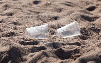 plastic cup on the sand