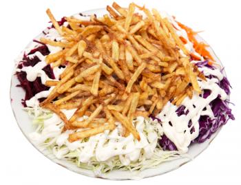 dish of fries with mayonnaise and vegetables on a white background