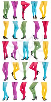 Collage of shapely female legs in colorful tights. Isolate on white background.