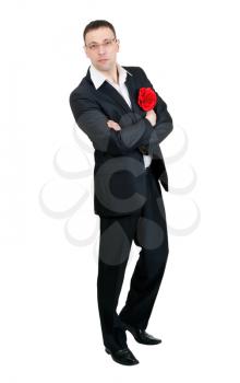 A man with a tango dancer in red fabric flower in his jacket pocket, isolated on white