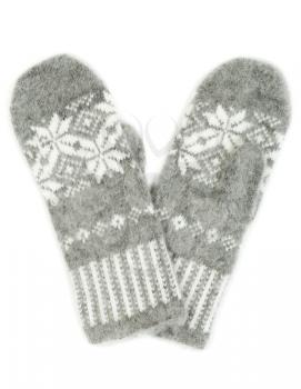 Grey knitted gloves with a pattern of snowflakes isolated on white background