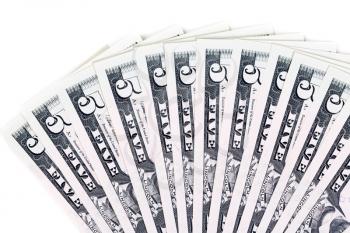 5 dollar bills stacked fan. Isolate on white background