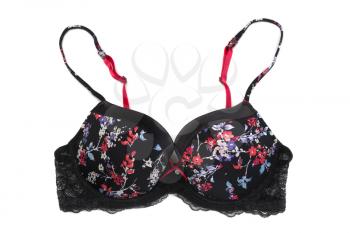 Black bra with a floral pattern. Studio, isolate on white.