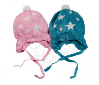 Two knitted hat with stars. Isolate on white.
