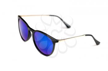 Trendy sunglasses with blue lenses. Isolate on white. Side view.