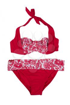 red swimsuit with a floral pattern. Isolate on white.