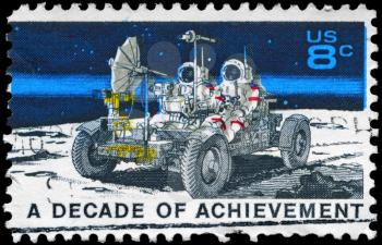 Royalty Free Photo of 1971 US Stamp Shows Lunar Rover, Apollo 15 Moon Exploration Mission July 26-August 7, Space Achievement Decade