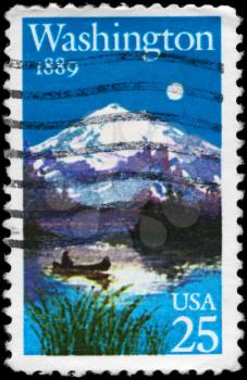 Royalty Free Photo of 1989 US Stamp Shows Landscape with Lake and Mount, Washington Statehood Centennial