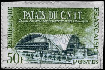 FRANCE - CIRCA 1959: A Stamp printed in FRANCE shows the C. N. I. T. Building (Centre National des Industries et des Techniques) from the series French technical achievements, circa 1959