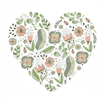 Vector Heart Shape  with Flowers and Leaves. Valentine's Day Greeting Card